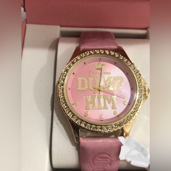 Juicy couture pink gold cz pave crystal bezel ‘Dump Him’ monogram wristwatch new main image 10